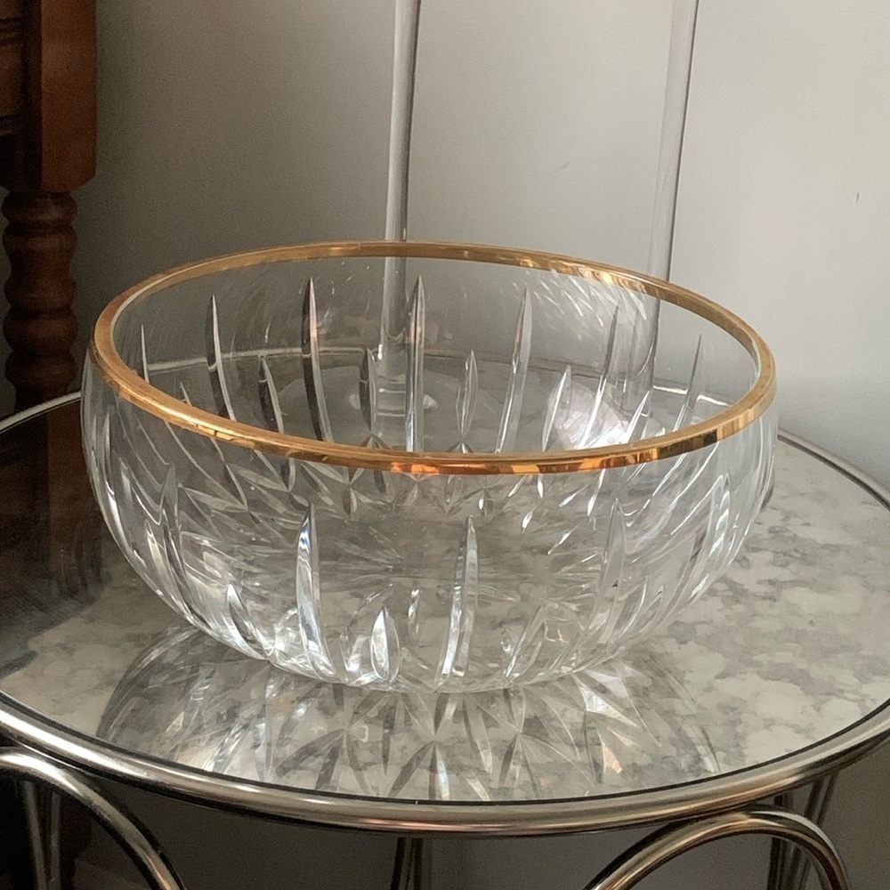 Vintage Cut Crystal Serving Bowl Gold Band Rim, Gorgeous Optic Cut Heavy bloock